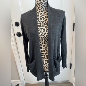 Eileen Fisher Organic Linen High Collar Cardigan in Dark Green